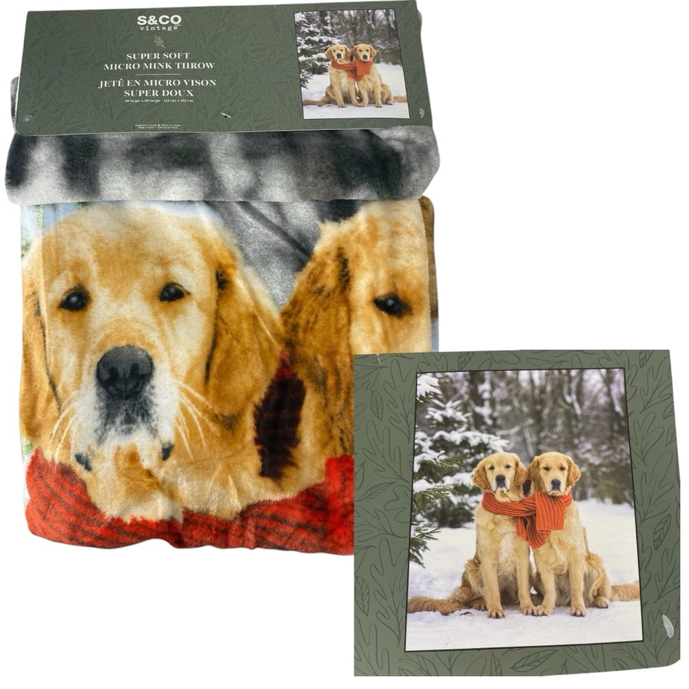 S&CO Golden Retriever Dogs with Scarf Super Soft Micro Mink Throw Blanket NWT